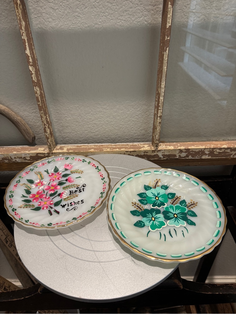 Two (2) Handpainted Anchor Hocking Fire King Milk Glass Floral Salad/Dessert Pla
